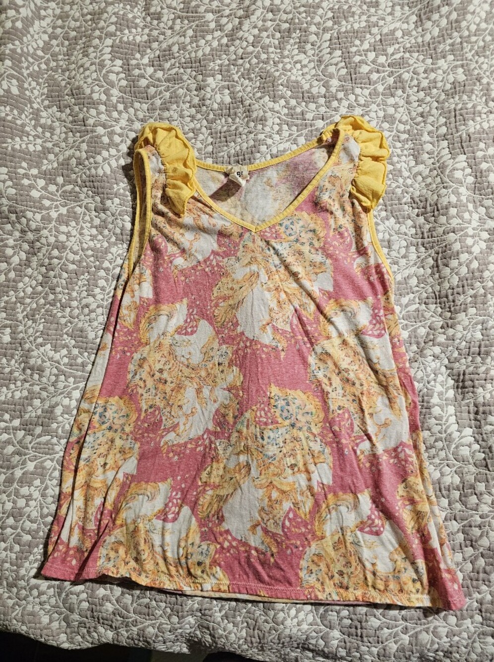 BiBi Pink & Yellow Floral Ruffle Shoulder Tank